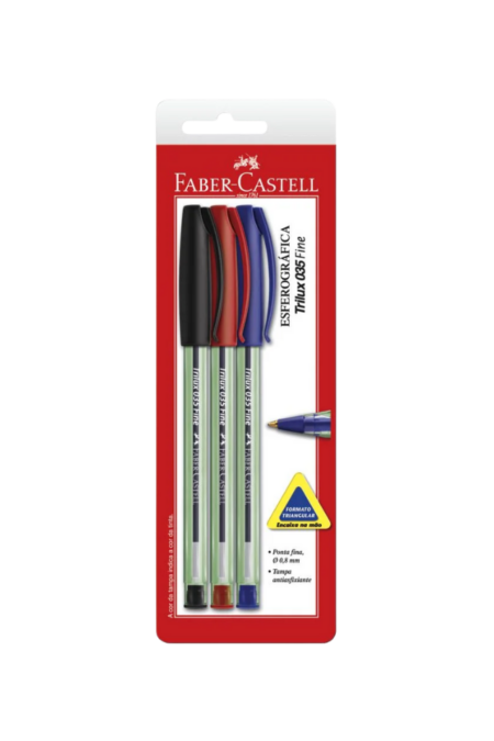 caneta esferográfica faber castell trilux ponta fina – kit com 3 cores (azul, preta e vermelha)