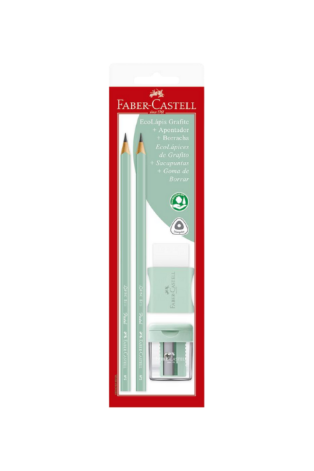 kit lápis grafite faber castell tons pastel verde – 2 ecolápis nº2b + apontador minibox + borracha max