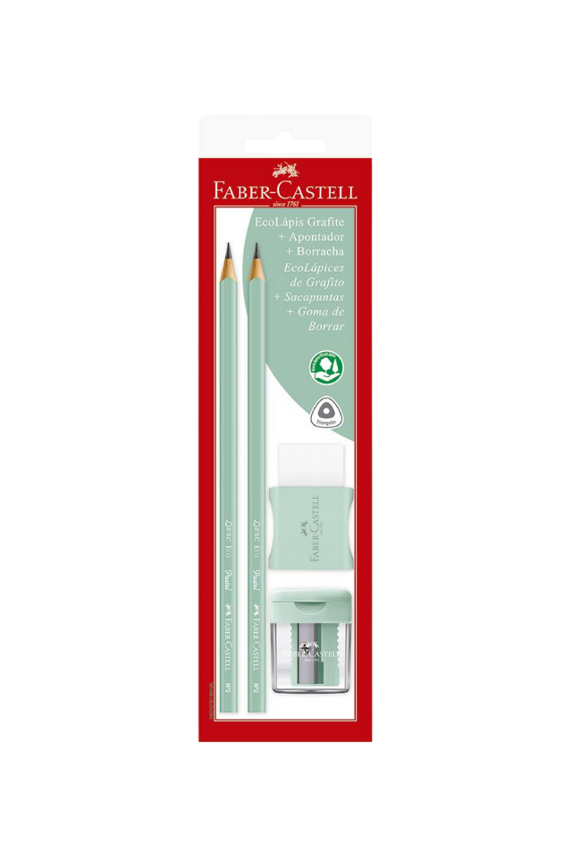 Home kit lápis grafite faber castell tons pastel verde – 2 ecolápis nº2b + apontador minibox + borracha max